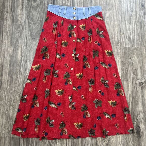 New Look Petites Vintage Long Button Front Skirt Red Floral Print Size Medium - Picture 1 of 5